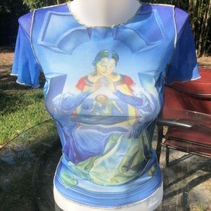 Vintage 90s Y2k Mesh Graphic Sheer Top Mother Mary